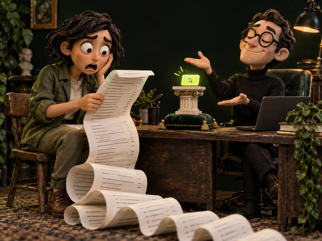 Escena de plastilina: una emprendedora mira horrorizada una cotización interminable mientras un diseñador presenta un diminuto botón web sobre un pedestal.