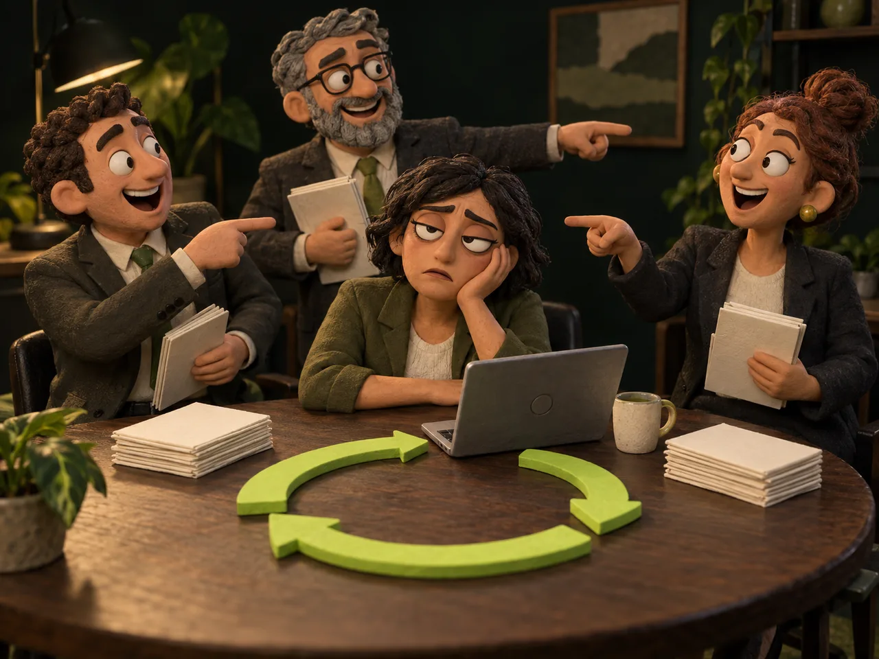 Escena de plastilina: una emprendedora agotada apoya la cara en la mano mientras tres asesores se señalan entre sí alrededor de una mesa.